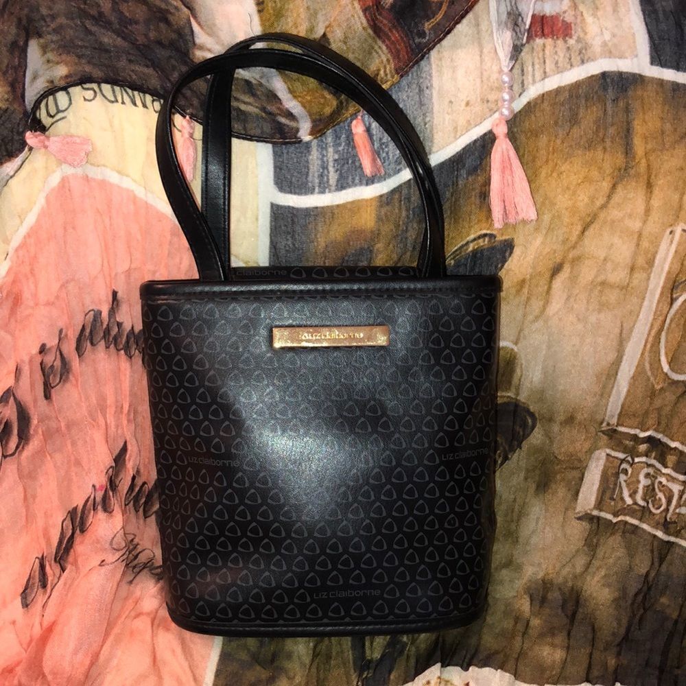 Liz Claiborne LC Logo Print Black Faux Leather Mini Accessory Bag